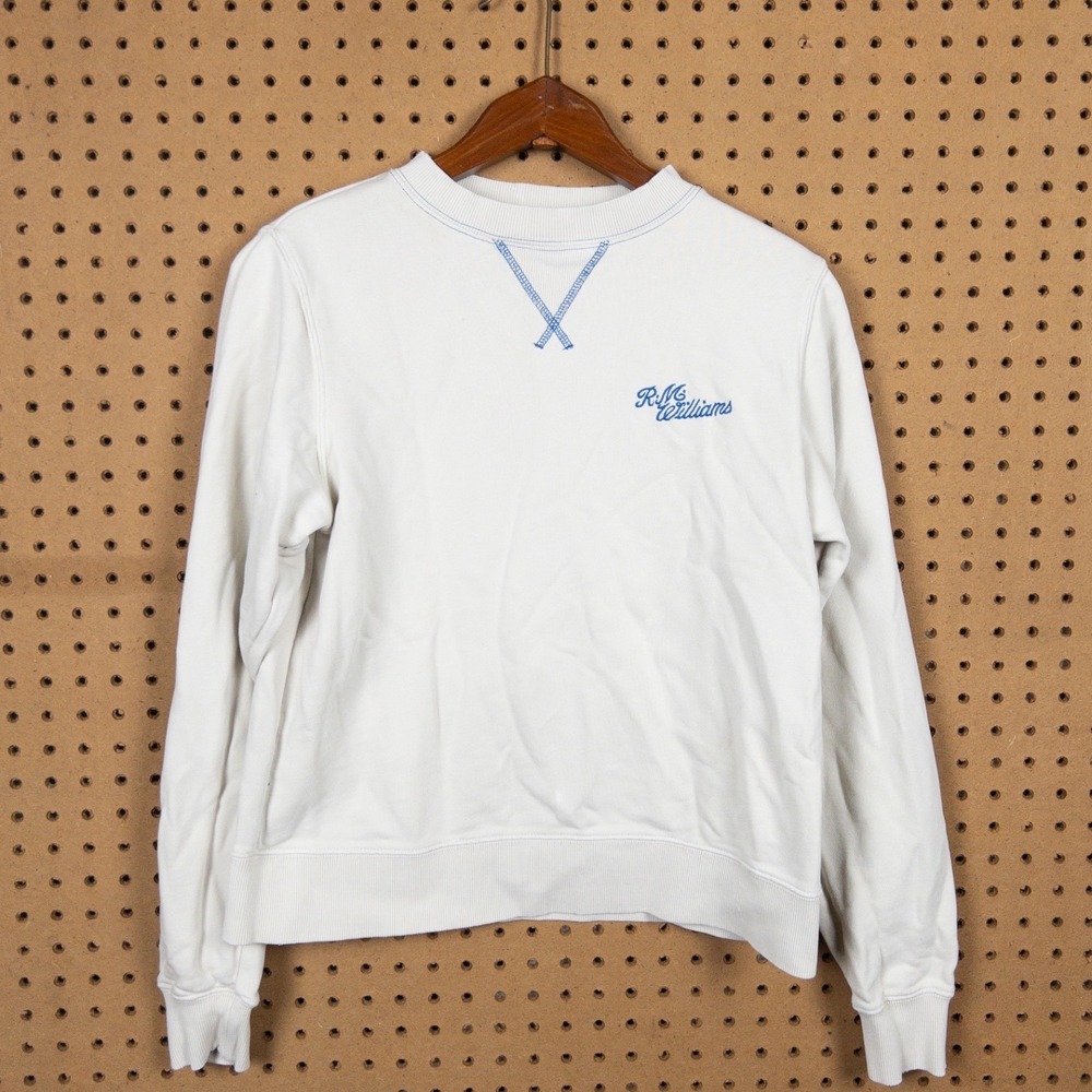 RM Williams Womens Crewneck Sweatshirt Off White Blue Script Logo Size 8 Cotton